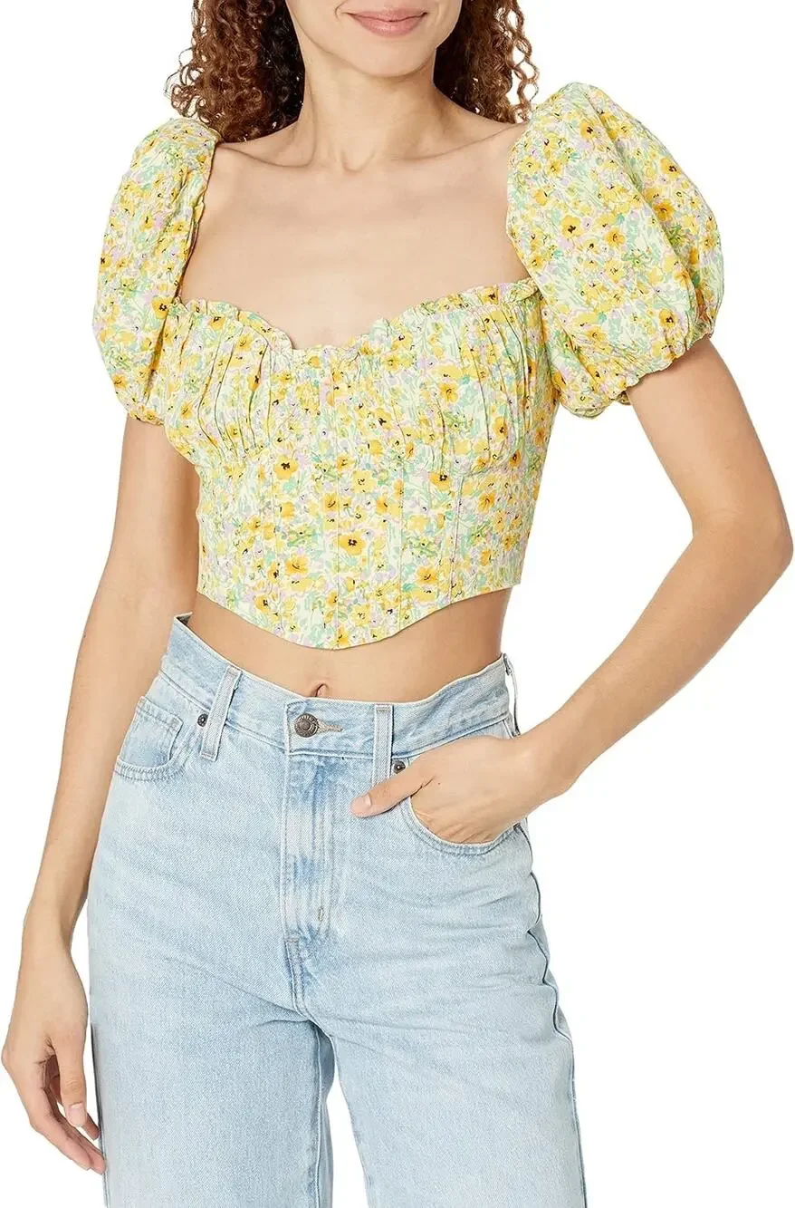 ASTR Paola Yellow Floral Print Smocked Sweetheart Puff Sleeve Crop Top Size L